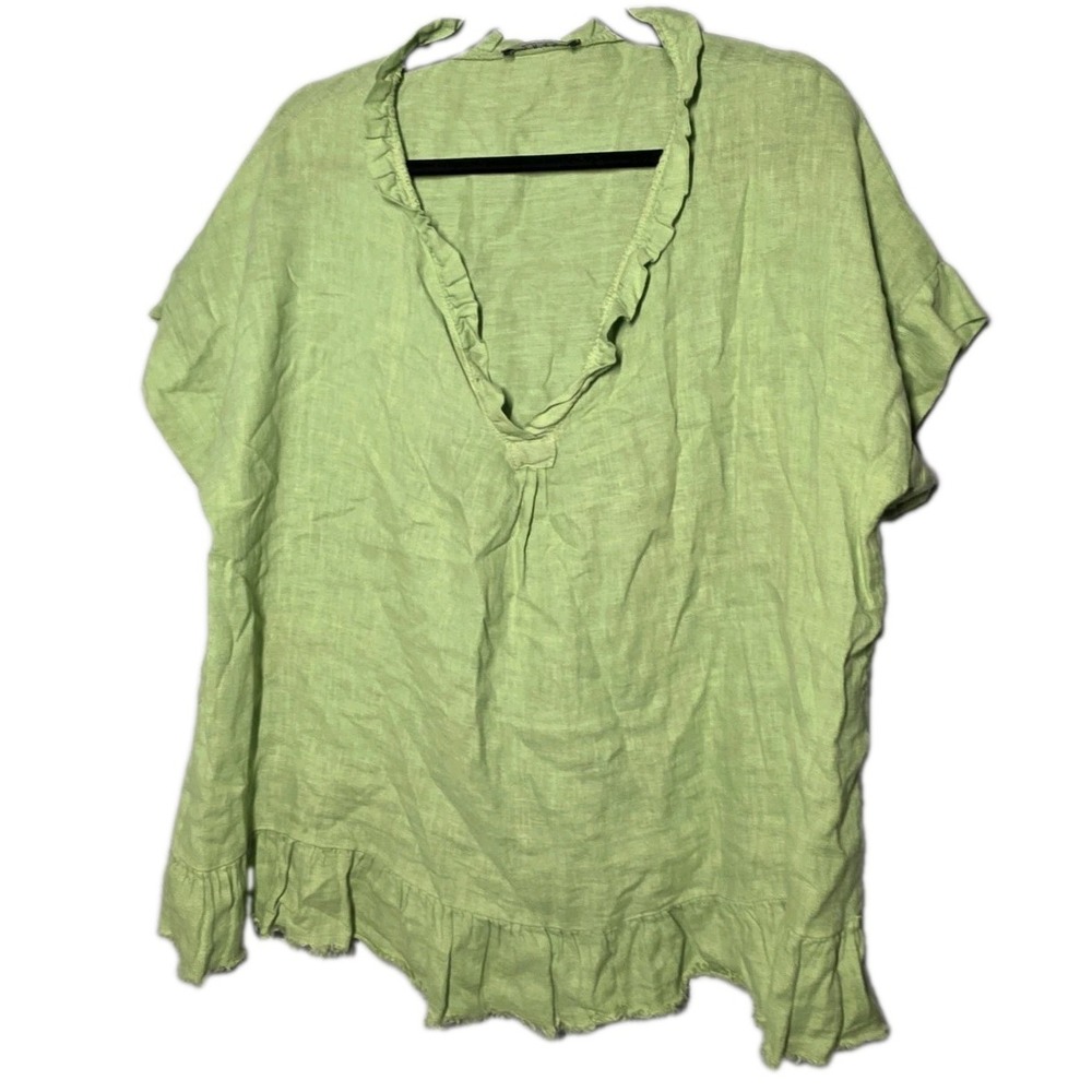Womens Green Linen Shirt XL? Coastal Top Ruffle Oversized Made In Italy Boxy